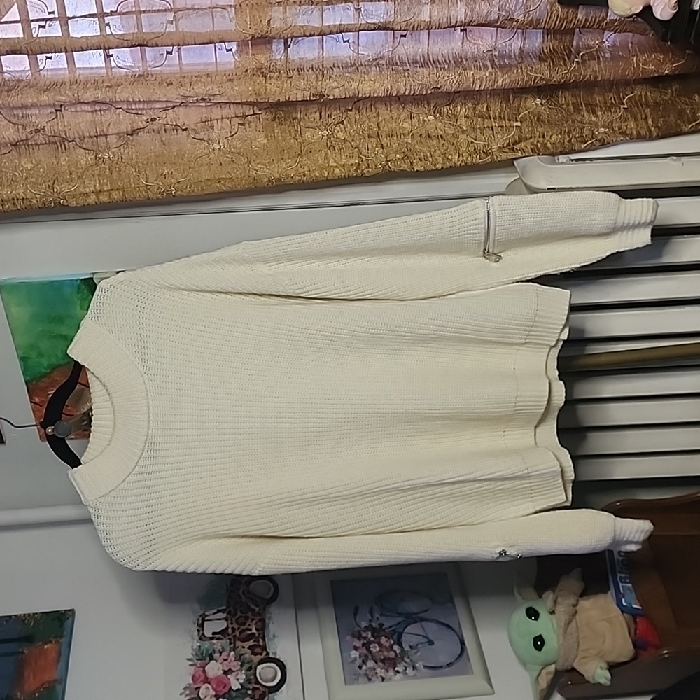 K Jordan GUC Womens Cable Knit Sweater Sz 2X Eggshell Zippers on Sleeves
